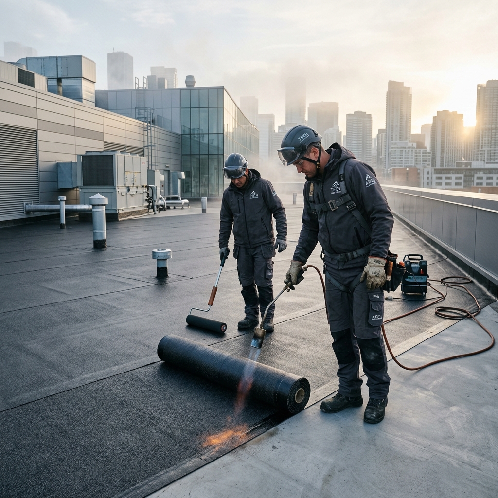 Personal Vertex colocando membrana asfáltica de elite